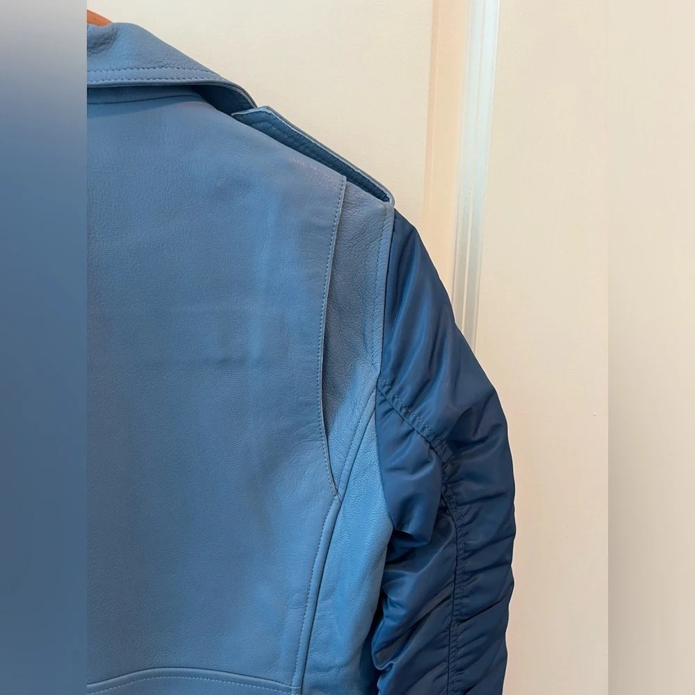 SANDRO Blue Ruched Shell-Paneled Sleeves Leather Goat Biker Jacket - Picture 9 of 16